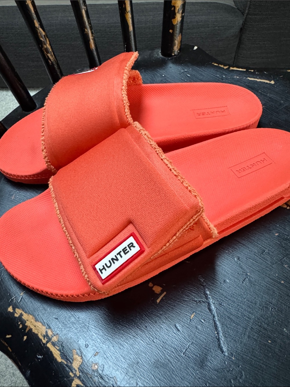 Hunter Orange Slide Sandals with Logo Patch Pool Summer Comfy